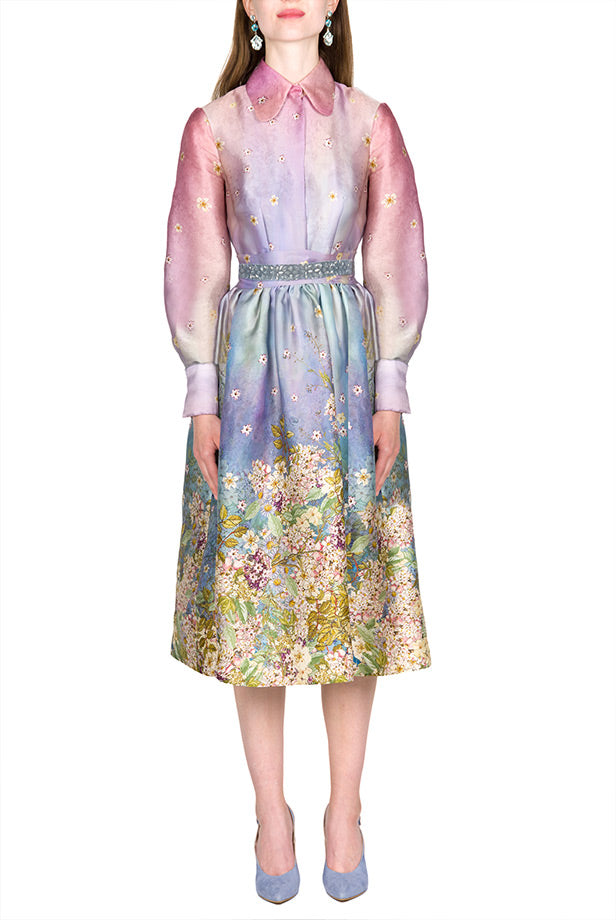 Floral Print Silk Organza Pussy Bow Dress