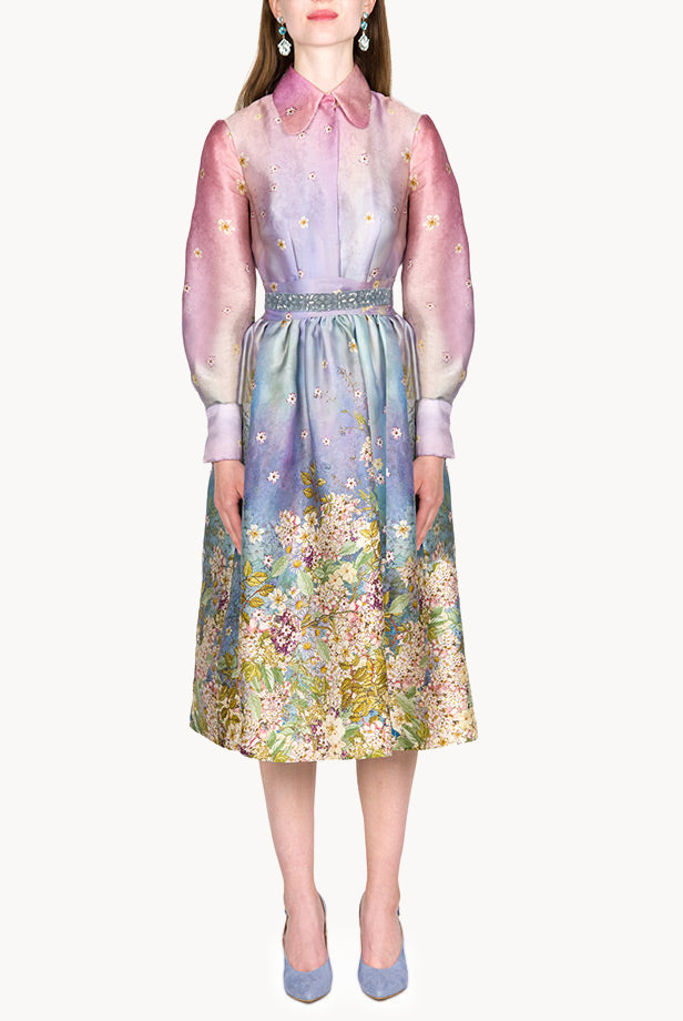 Vestito in organza di seta stampata floreale con fiocco al collo