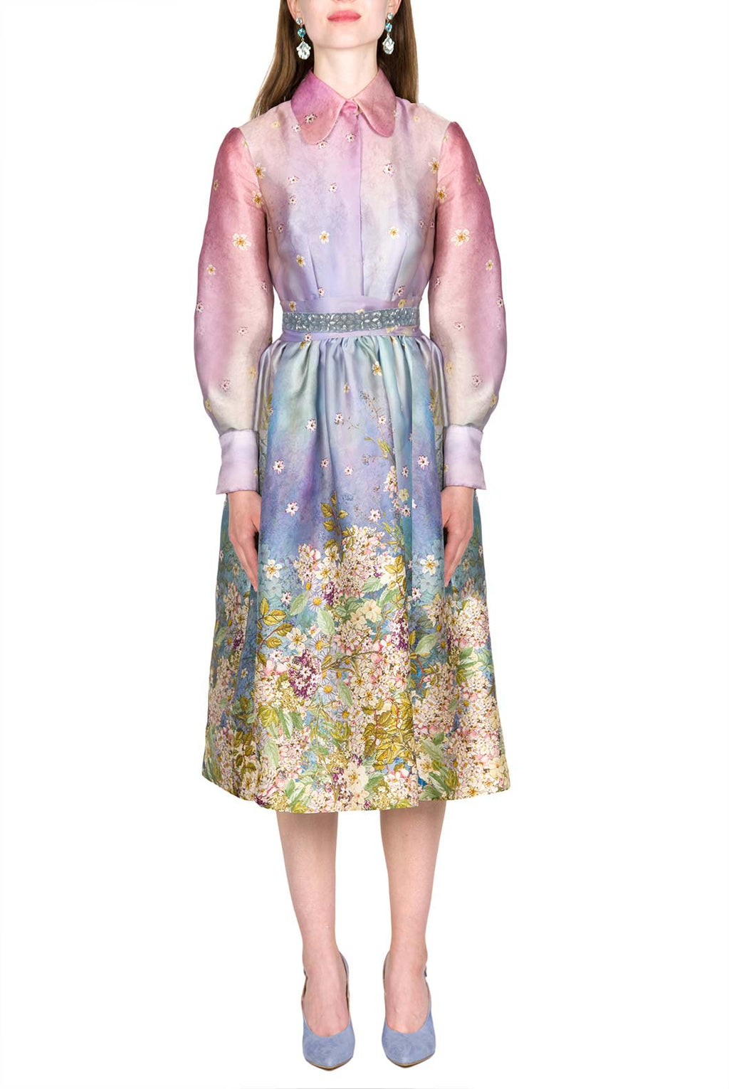 Floral Print Silk Organza Pussy Bow Dress