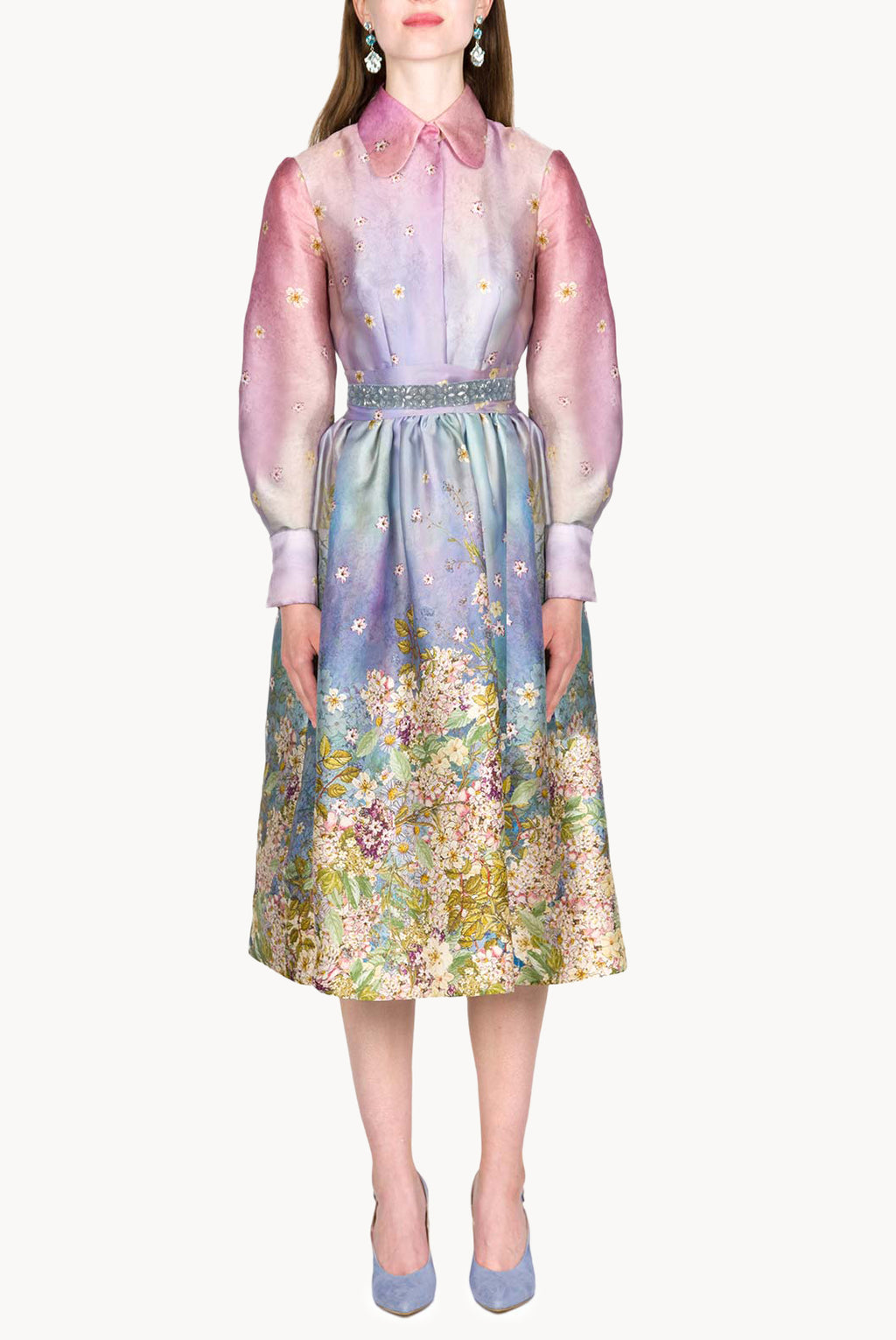 Vestito in organza di seta stampata floreale con fiocco al collo
