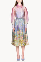 Vestito in organza di seta stampata floreale con fiocco al collo