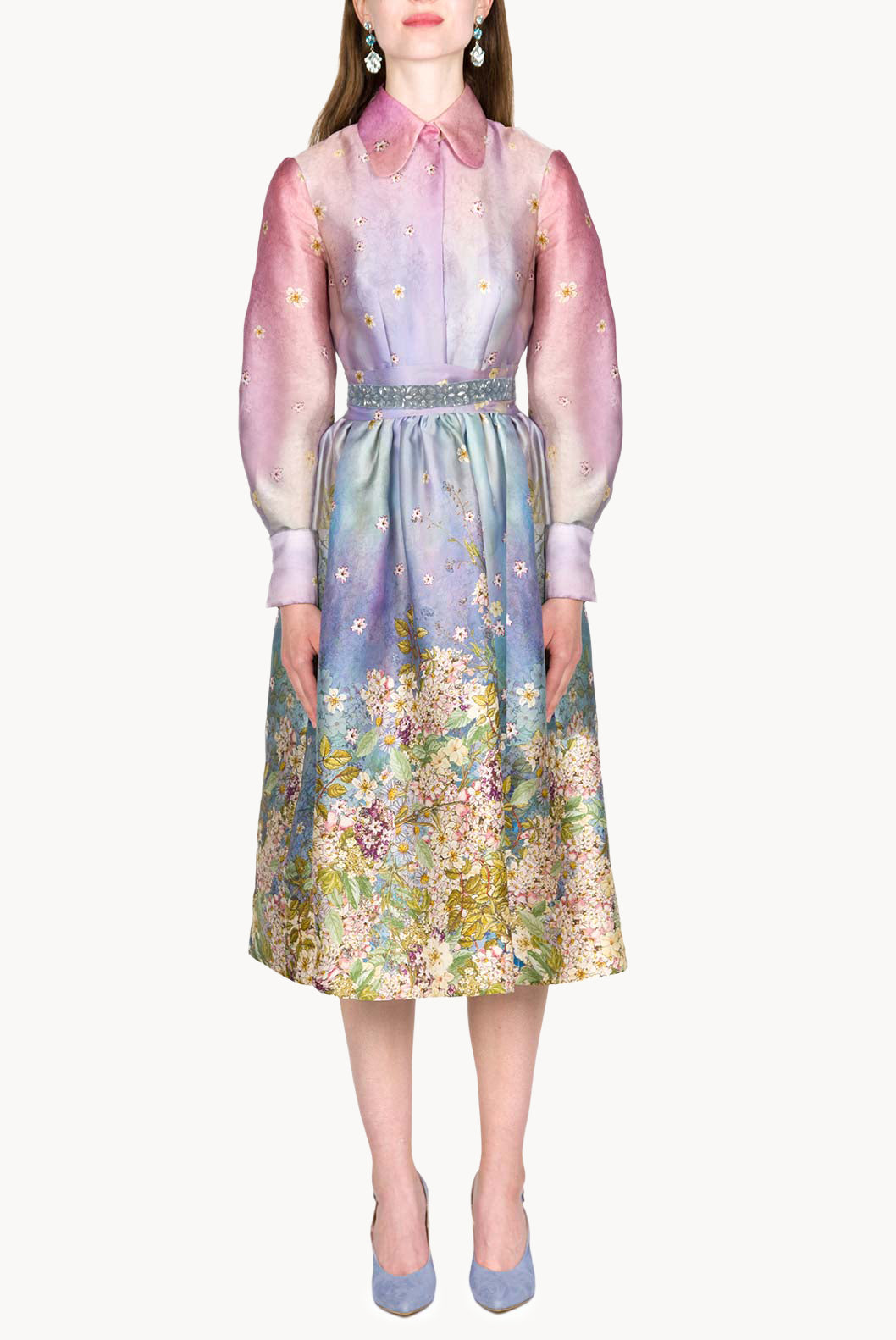 Vestito in organza di seta stampata floreale con fiocco al collo