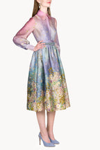 Vestito in organza di seta stampata floreale con fiocco al collo