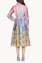 Vestito in organza di seta stampata floreale con fiocco al collo