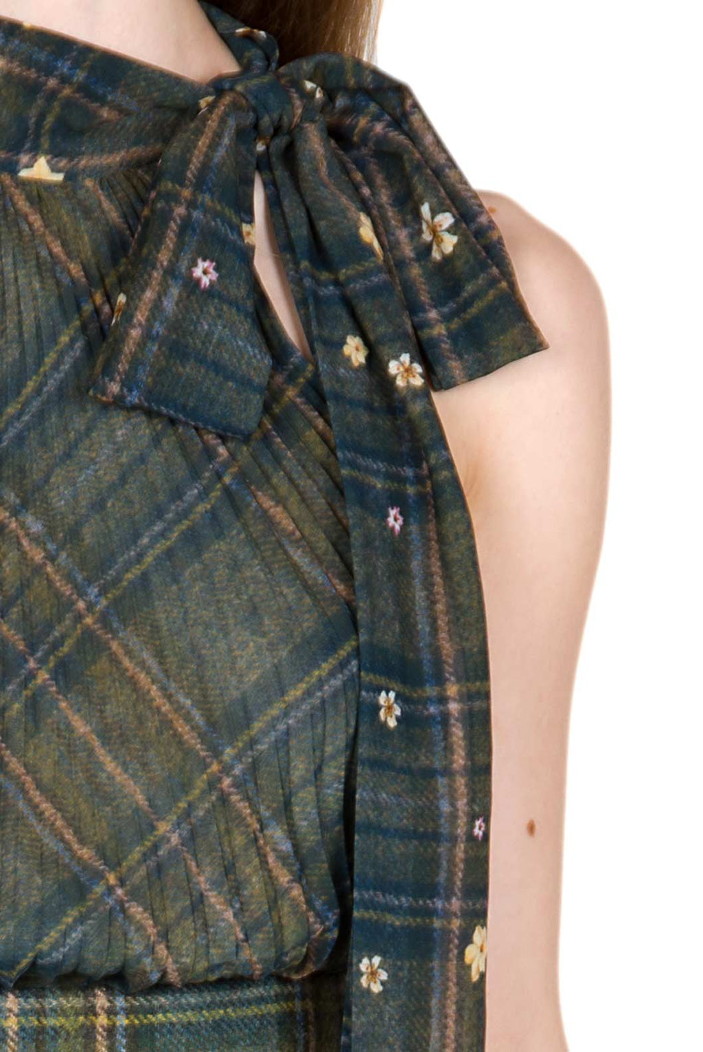 Blusa in Chiffon di Seta a Quadri con Fiocco al Collo