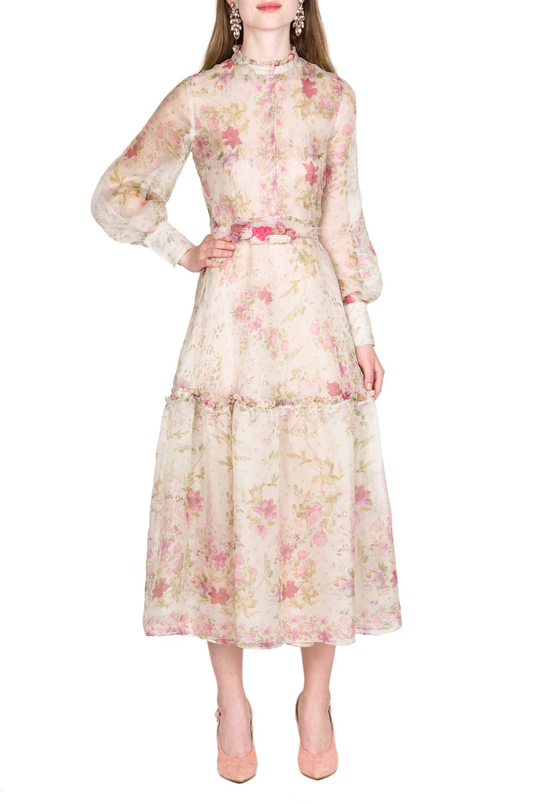 Vestito in Organza di Seta Cream Stampata