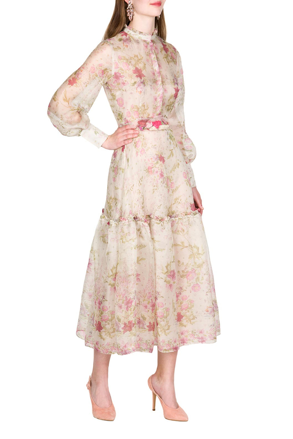 Vestito in Organza di Seta Cream Stampata