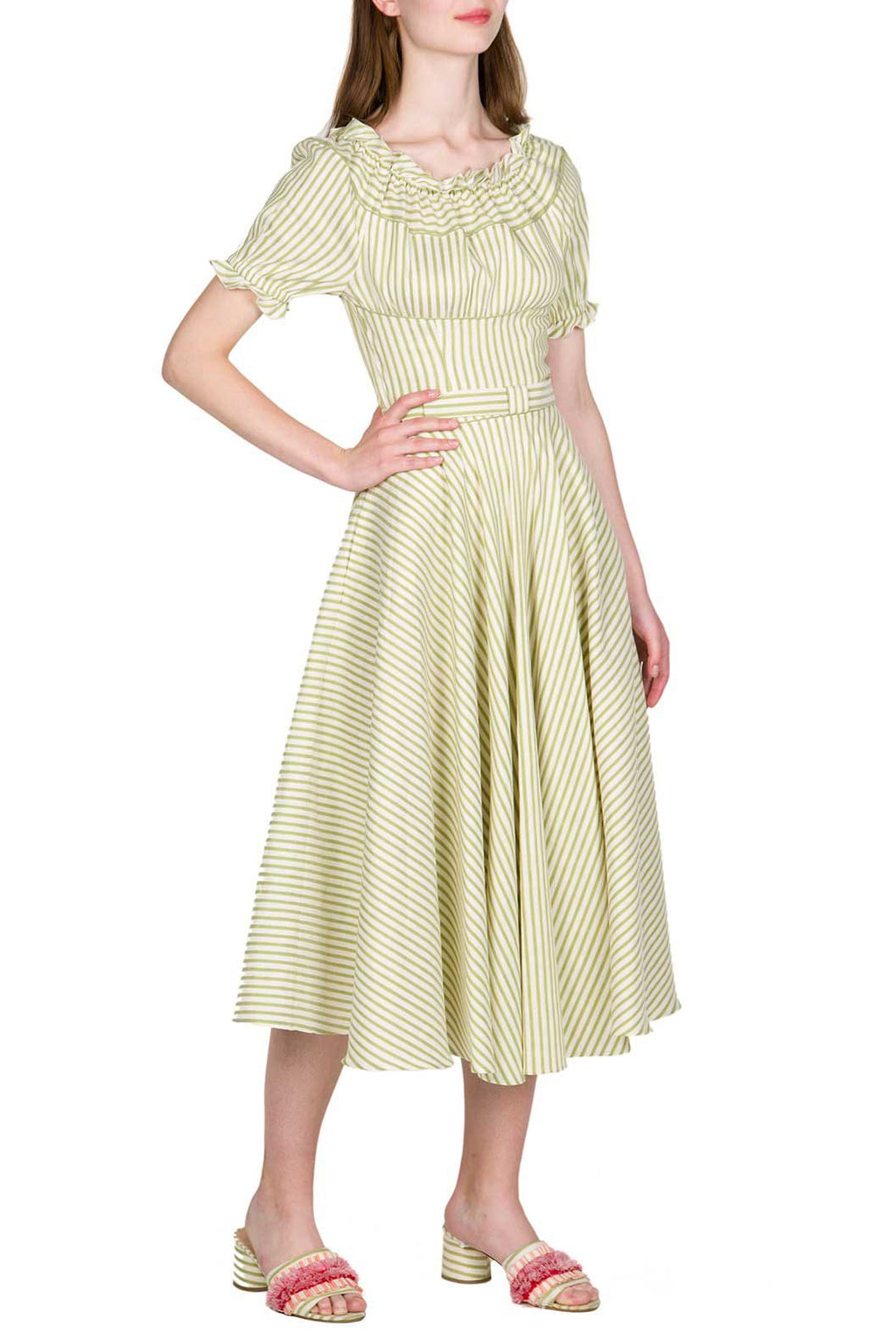 Vestito midi in misto cotone con spalle scoperte