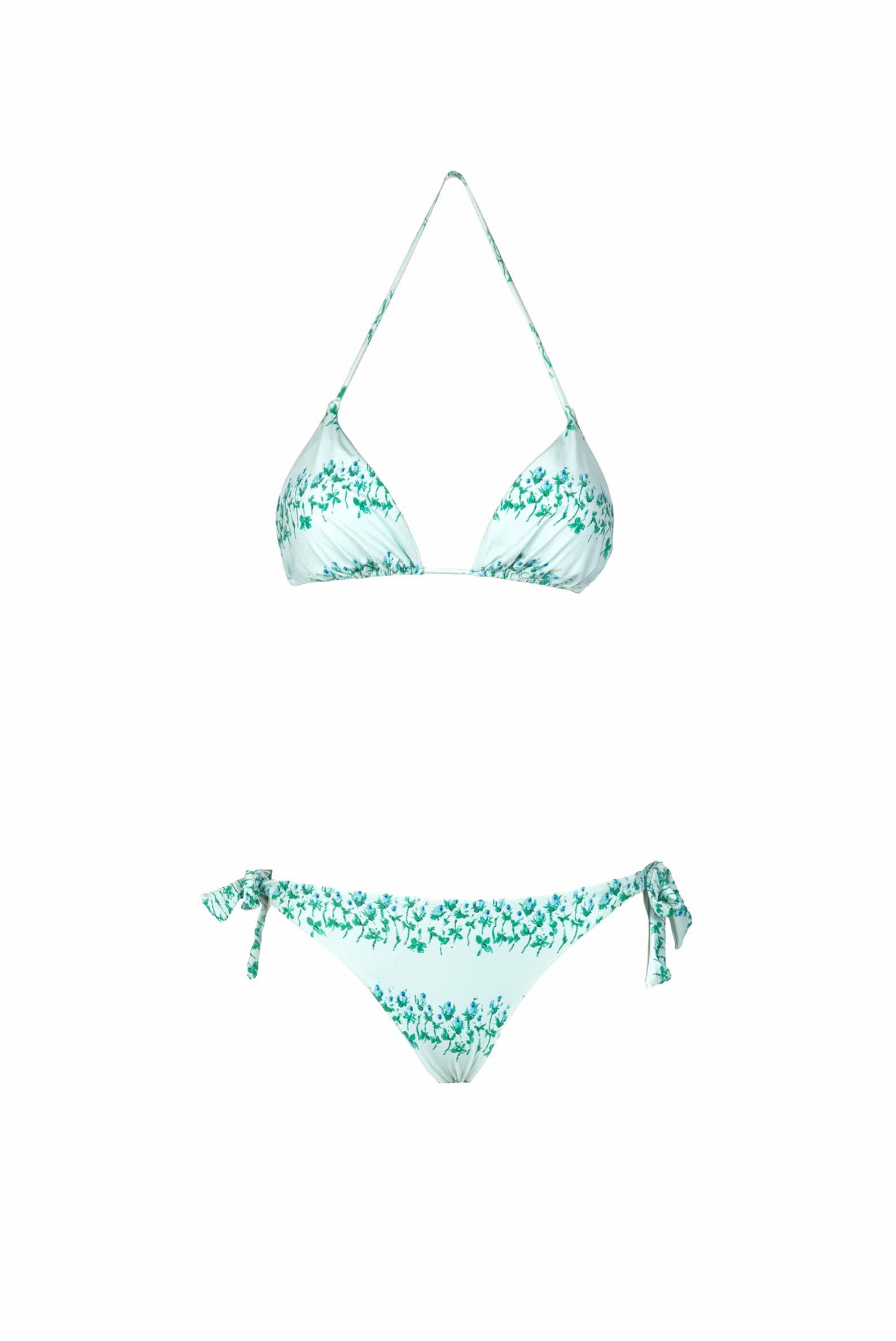 Bikini triangolo e slip blu a righe floreali