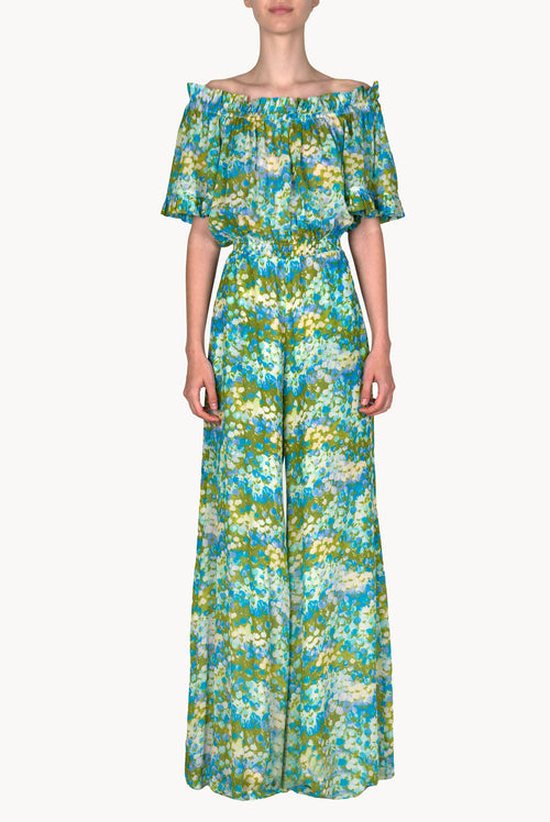 Tuta blu Monet scollata sulle spalle