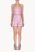 Top drappeggiato in lino con stampa rose