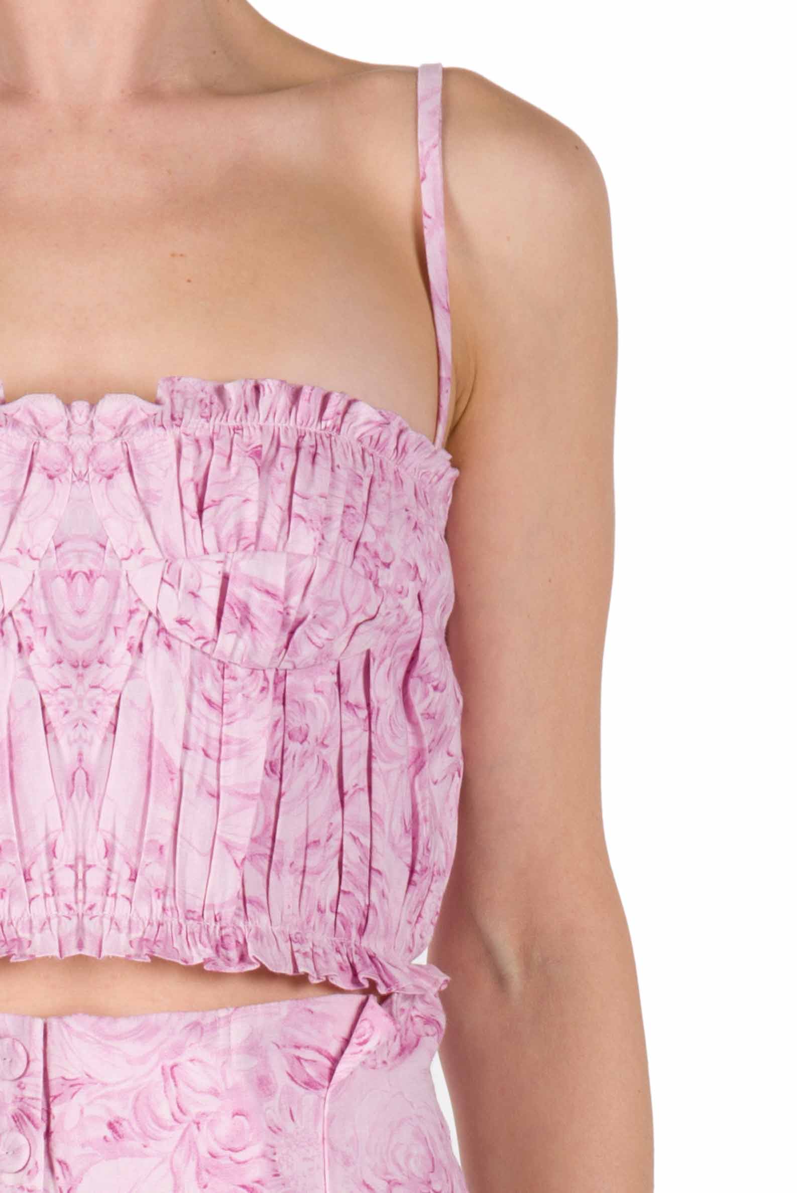 Top drappeggiato in lino con stampa rose