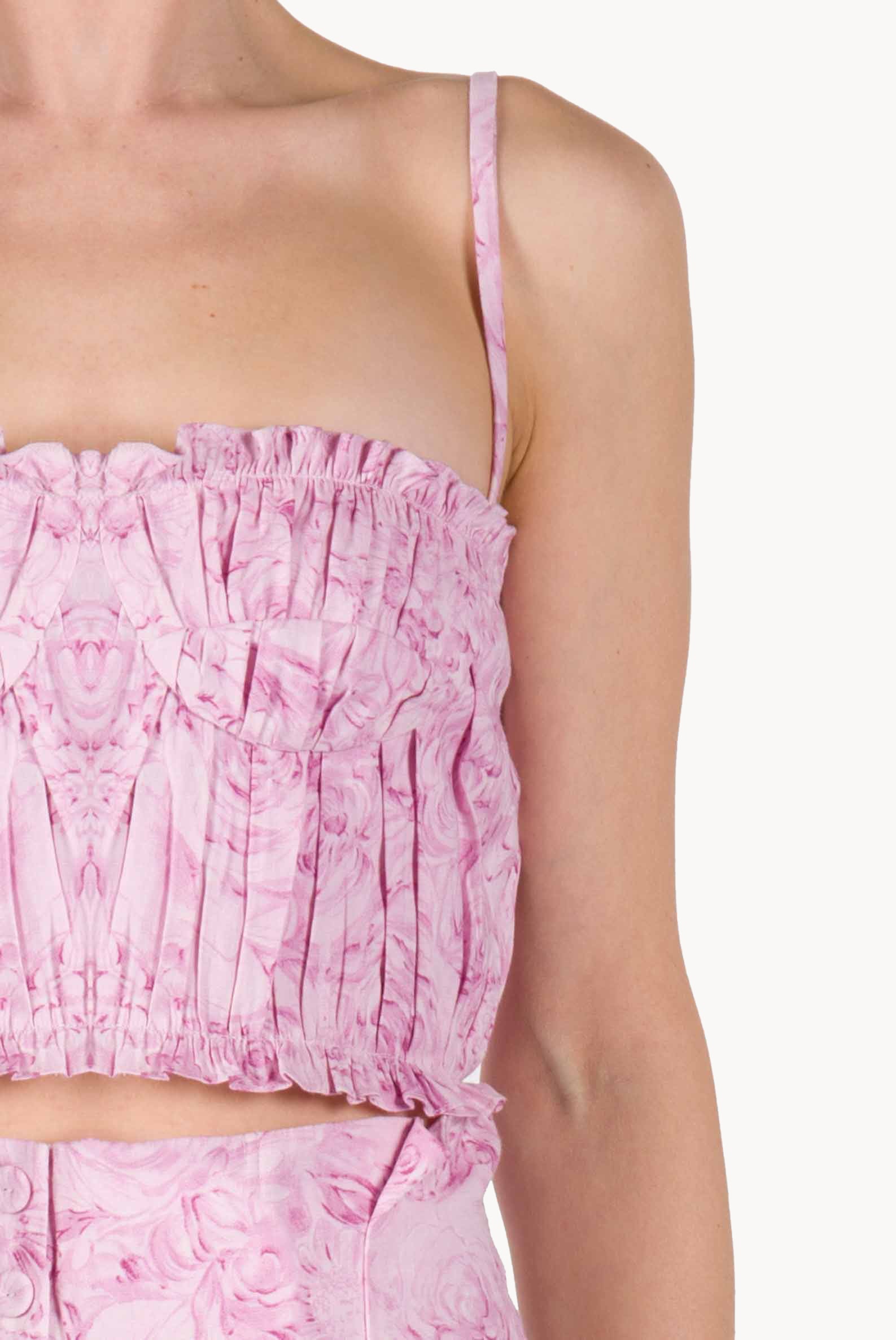 Top drappeggiato in lino con stampa rose