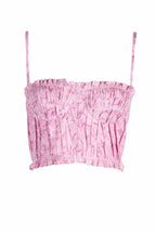Top drappeggiato in lino con stampa rose