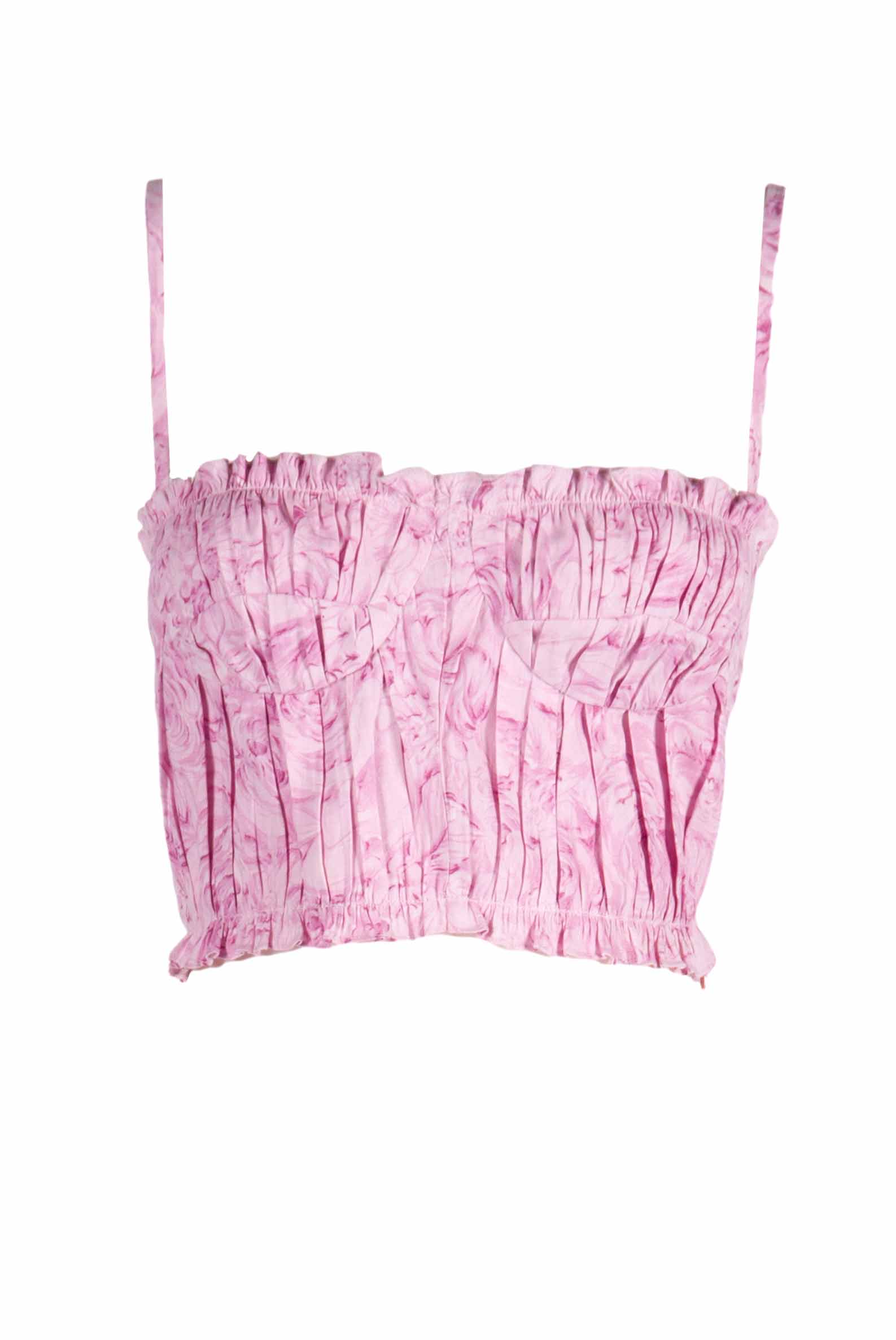 Top drappeggiato in lino con stampa rose
