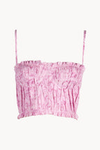 Top drappeggiato in lino con stampa rose