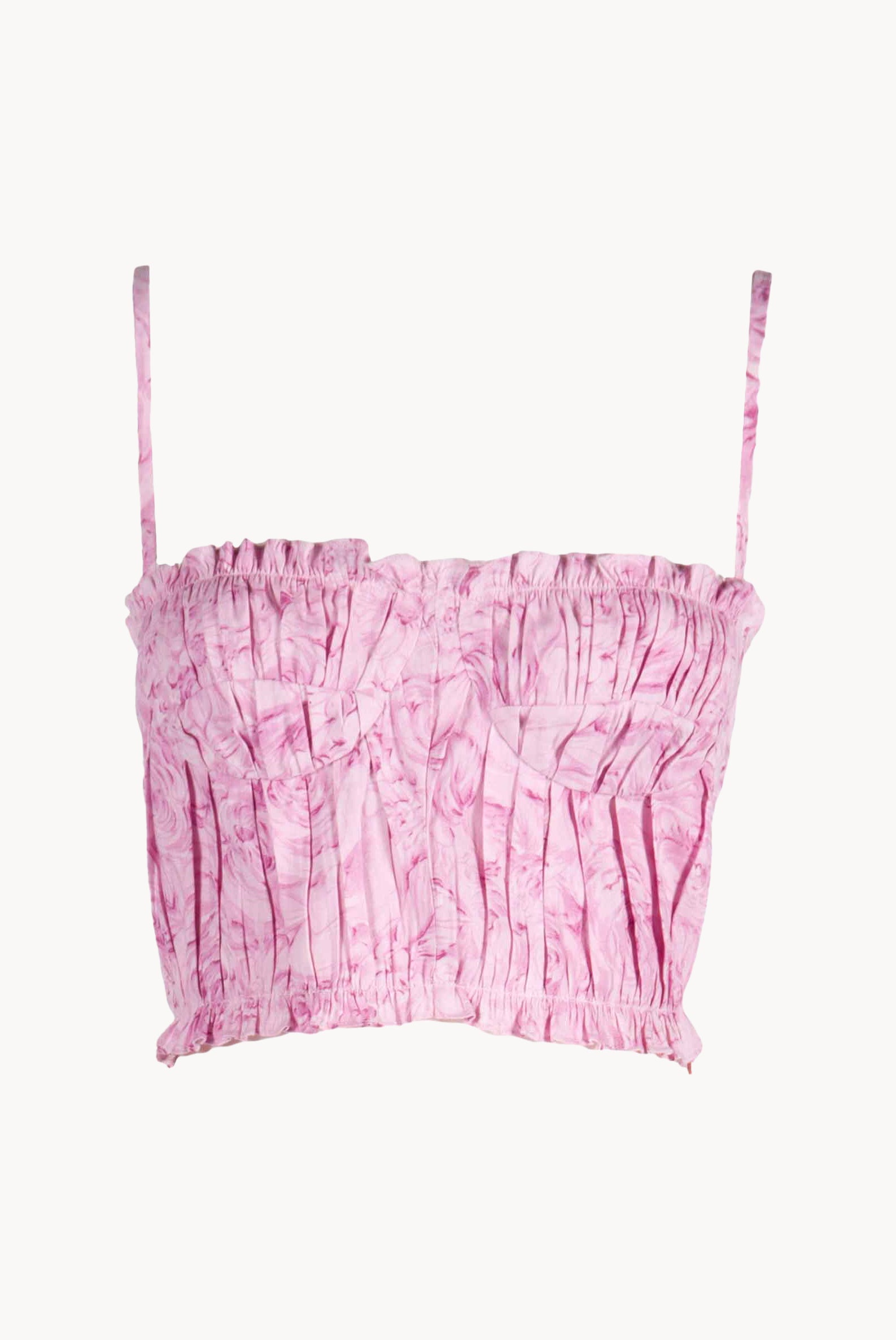 Top drappeggiato in lino con stampa rose