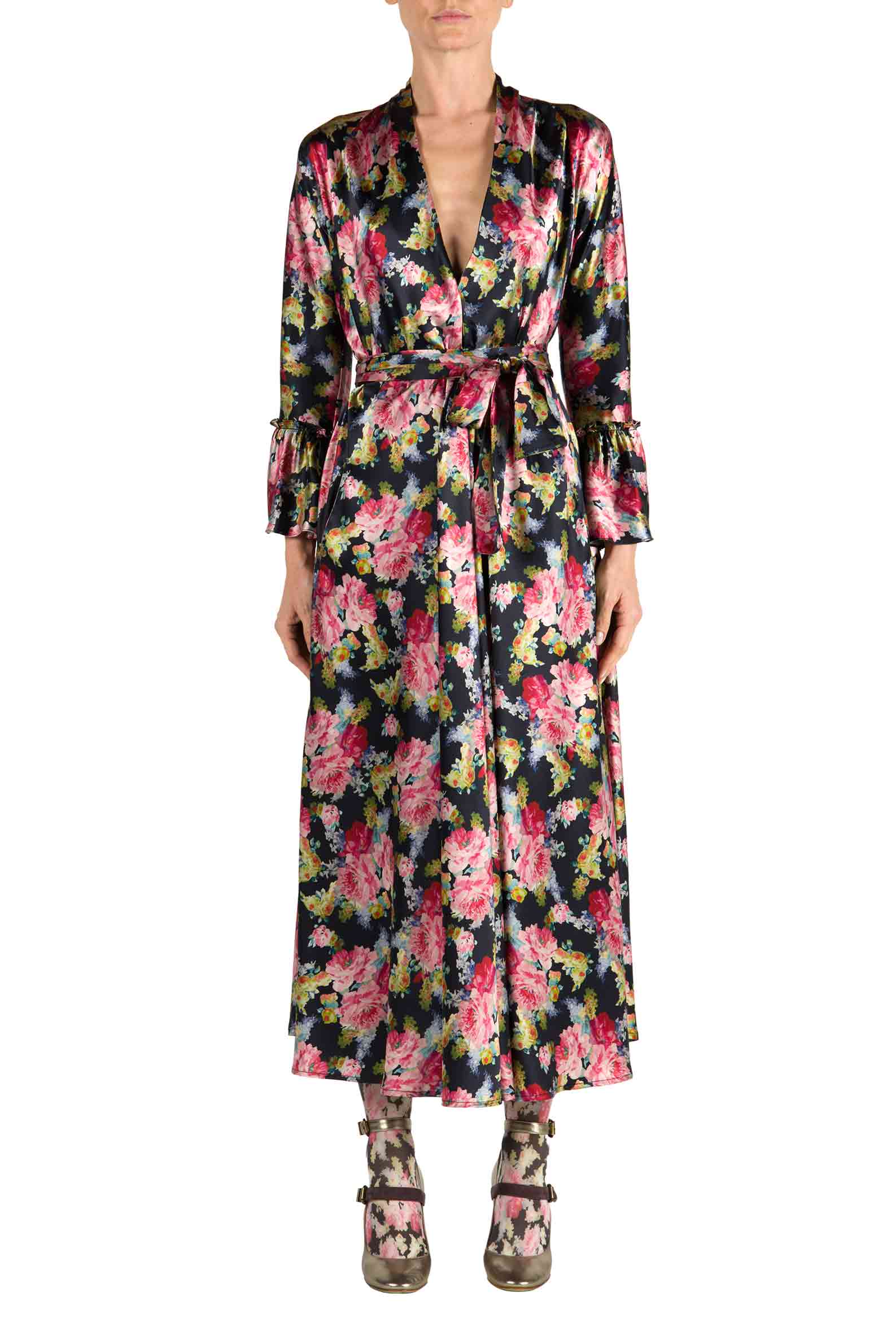 Abito avvolgente Luisa in satin con stampa di rose floreali
