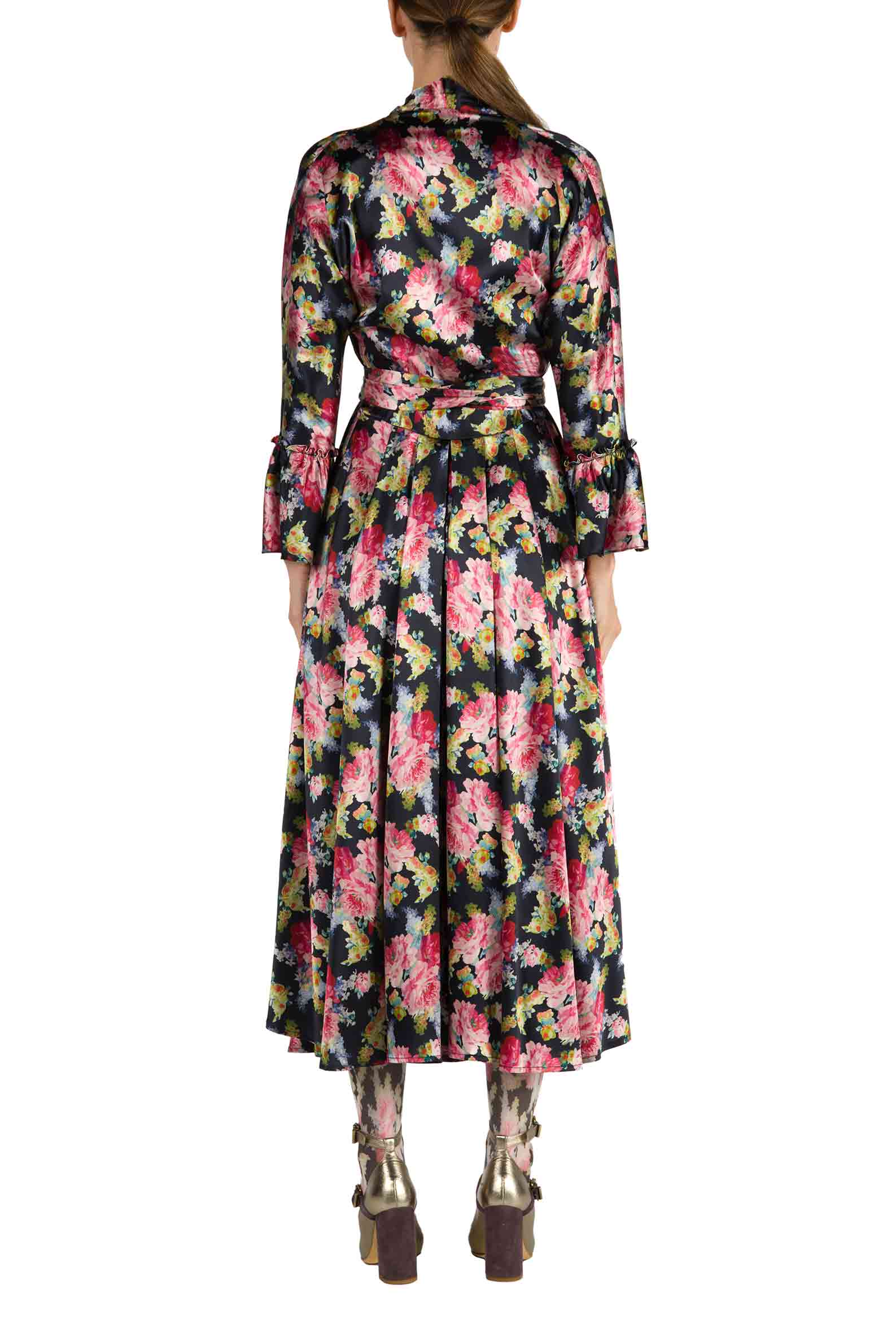 Abito avvolgente Luisa in satin con stampa di rose floreali