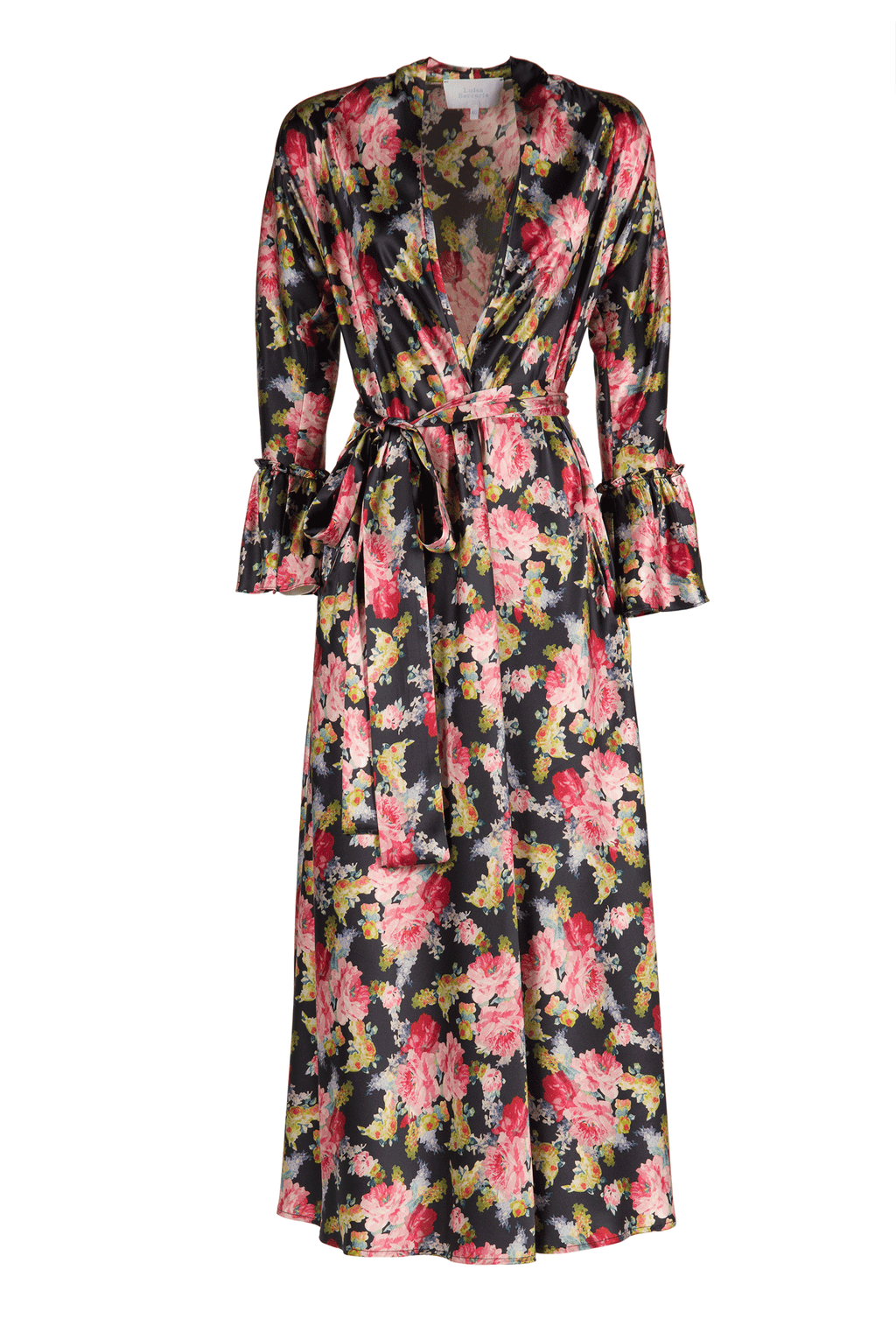 Abito avvolgente Luisa in satin con stampa di rose floreali