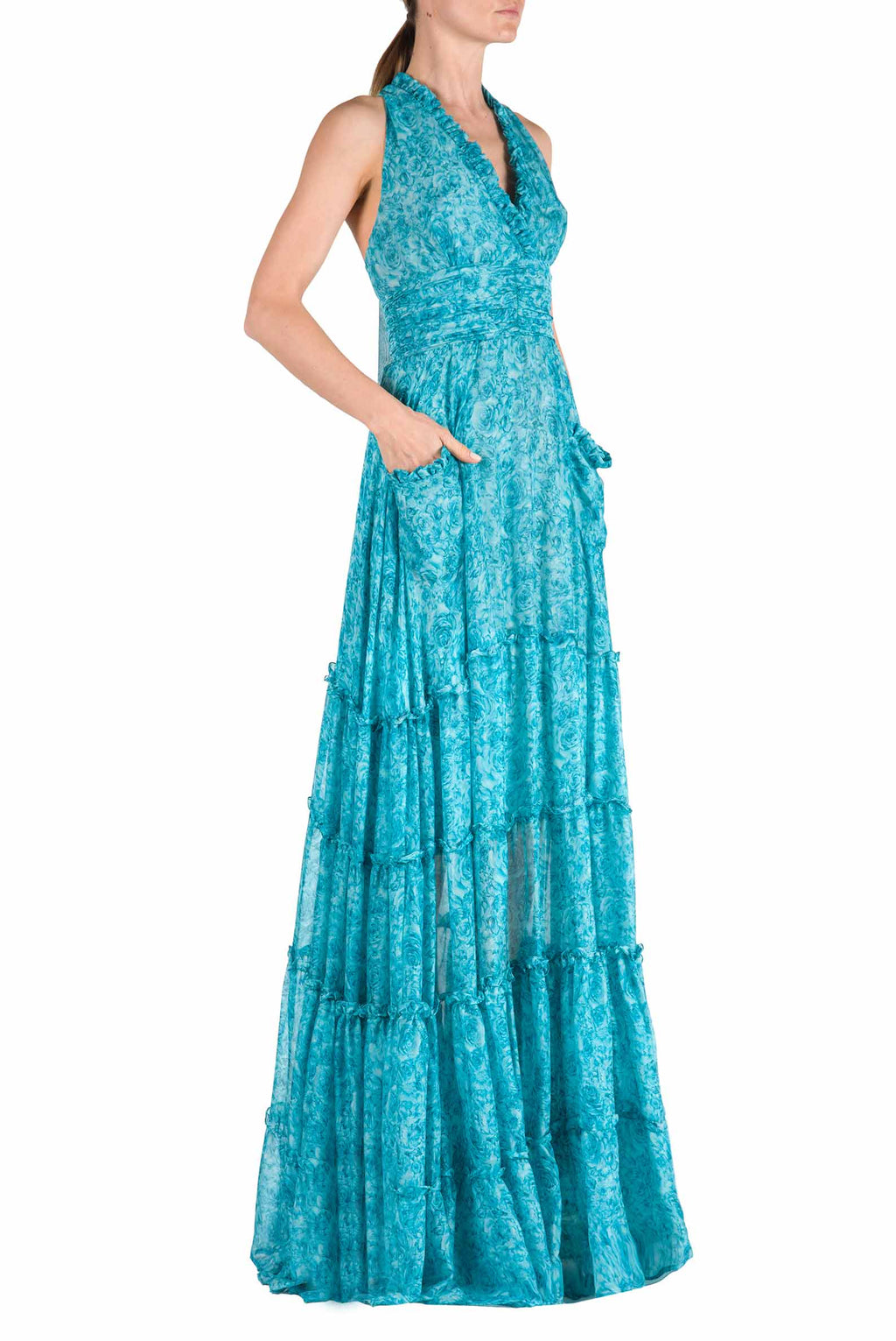 Vestito in chiffon di seta con stampa rose