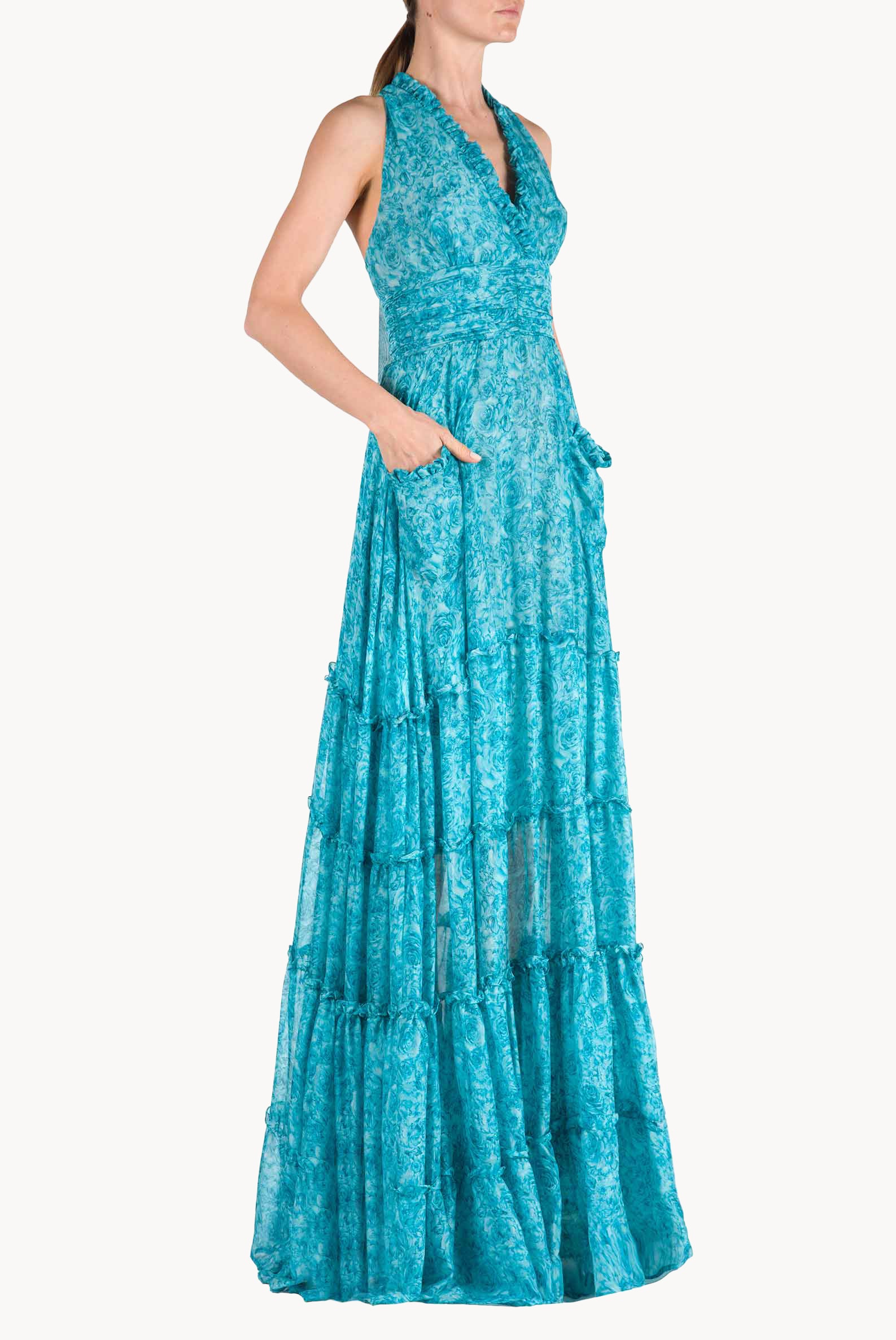 Vestito in chiffon di seta con stampa rose