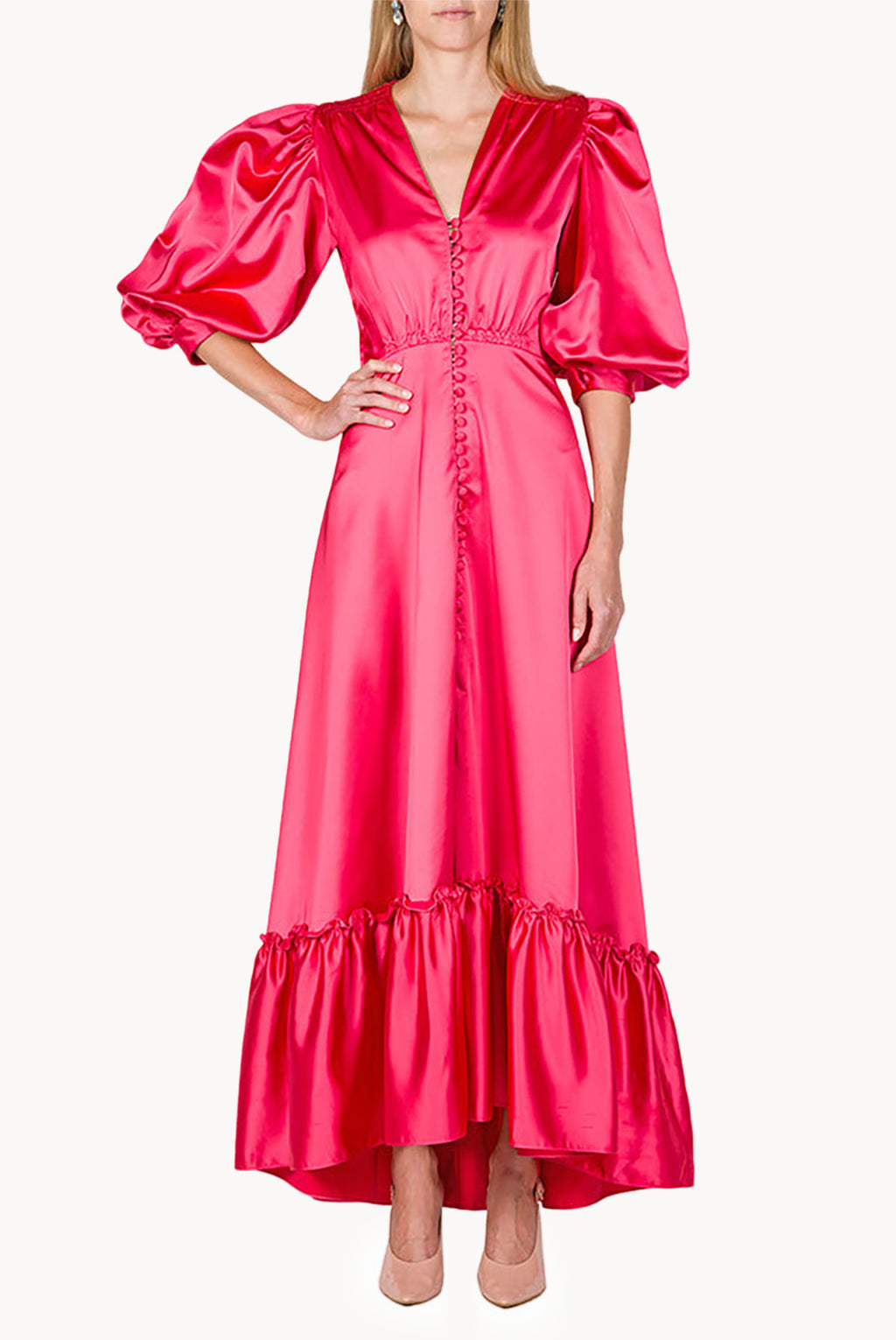 Satin Flounce Bottoncino Dress