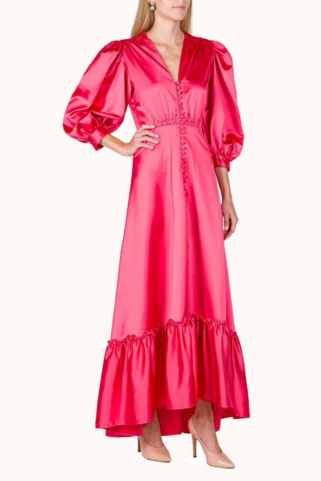Satin Flounce Bottoncino Dress