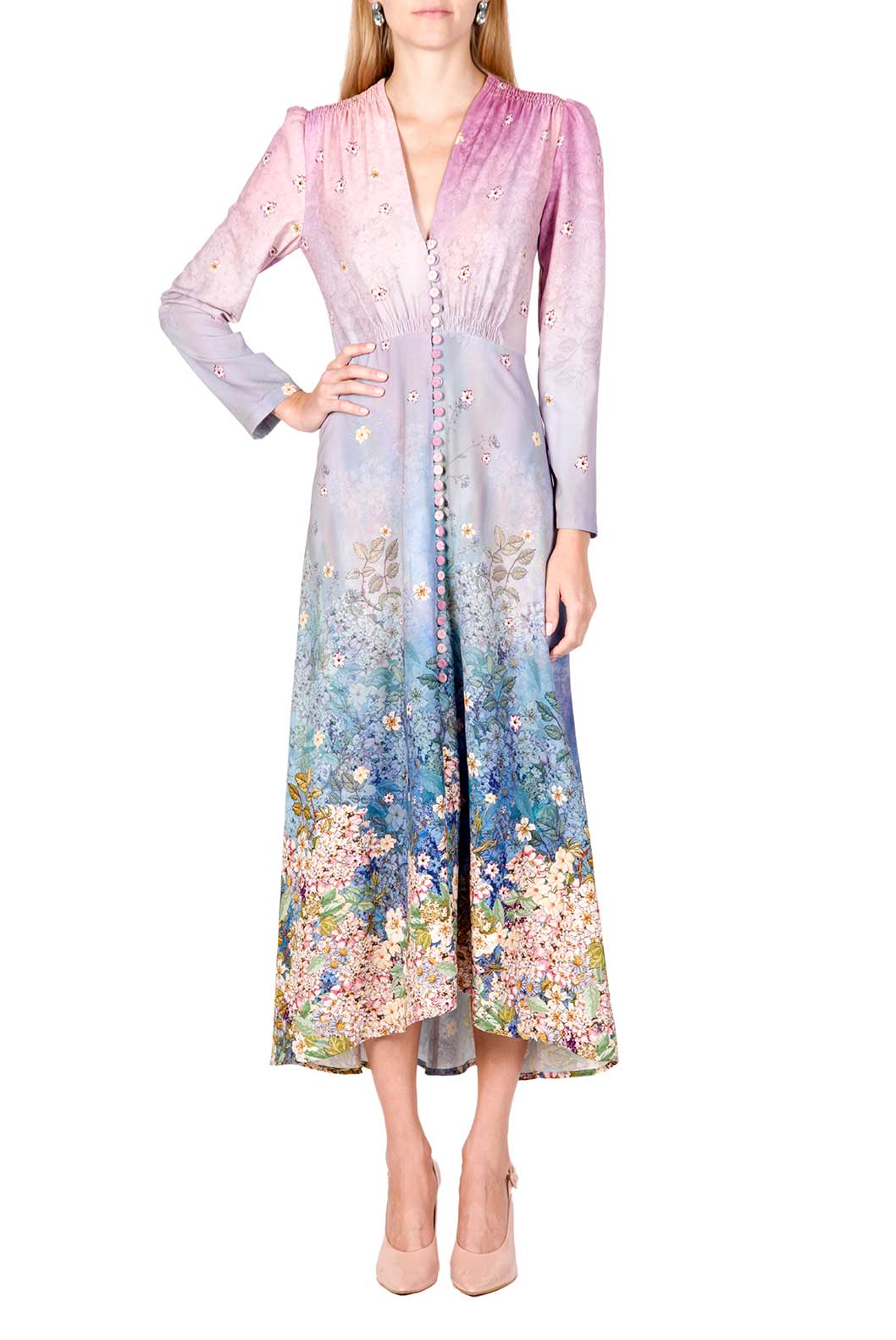 Floral Print Midi Bottoncino Dress