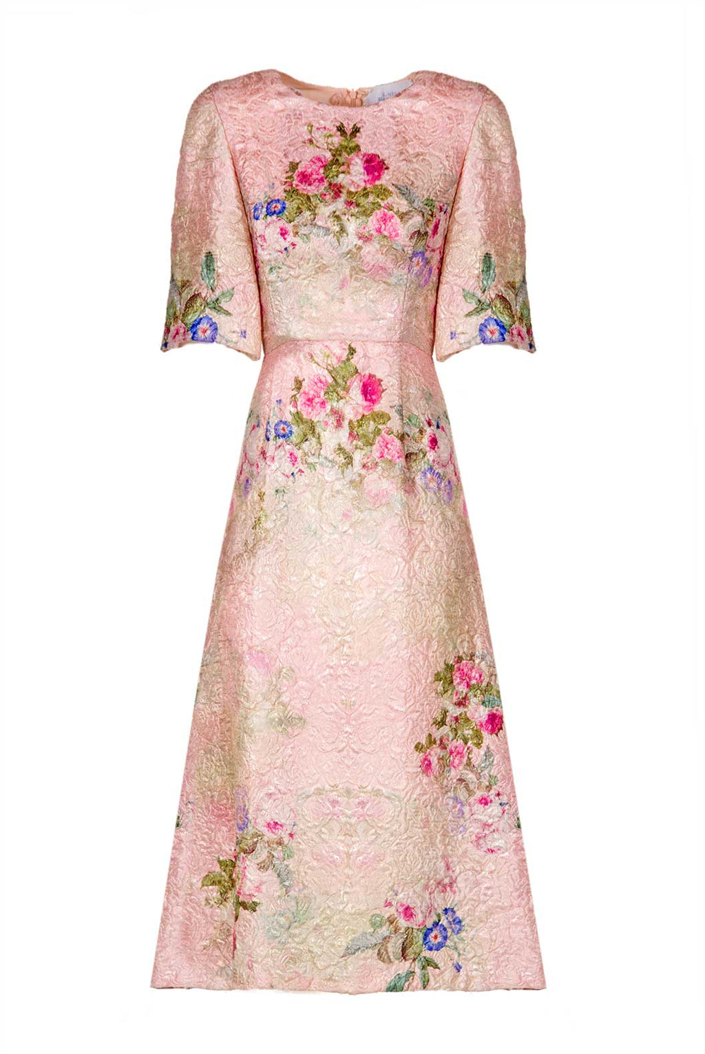 Floral Printed Silk Brocade Midi Dress