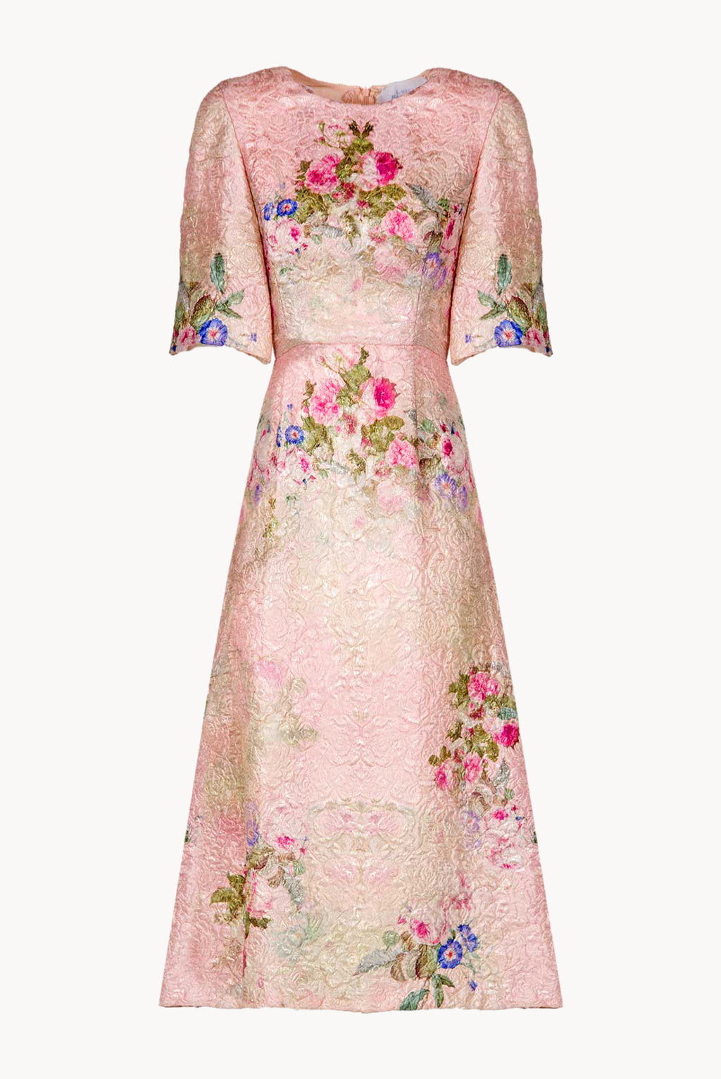 Vestito Midi in Broccato di Seta con Stampa Floreale