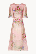 Vestito Midi in Broccato di Seta con Stampa Floreale