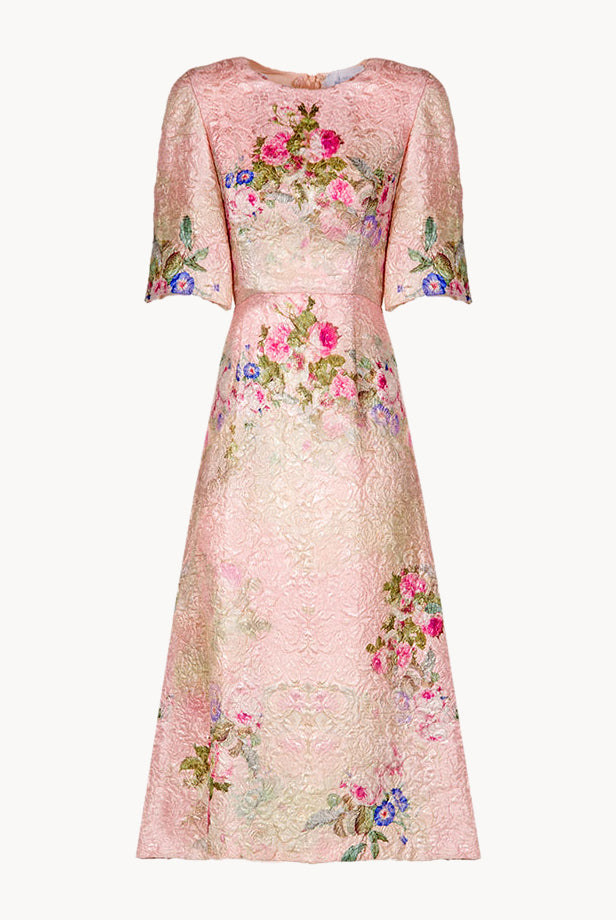 Vestito Midi in Broccato di Seta con Stampa Floreale