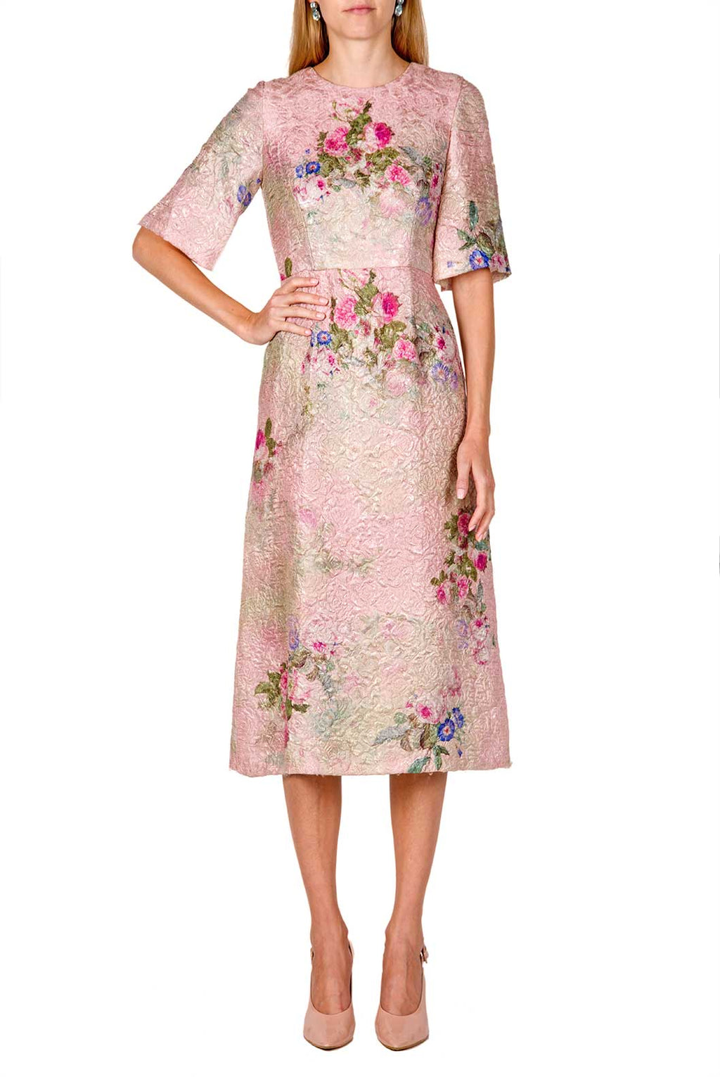 Floral Printed Silk Brocade Midi Dress