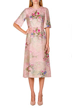 Floral Printed Silk Brocade Midi Dress