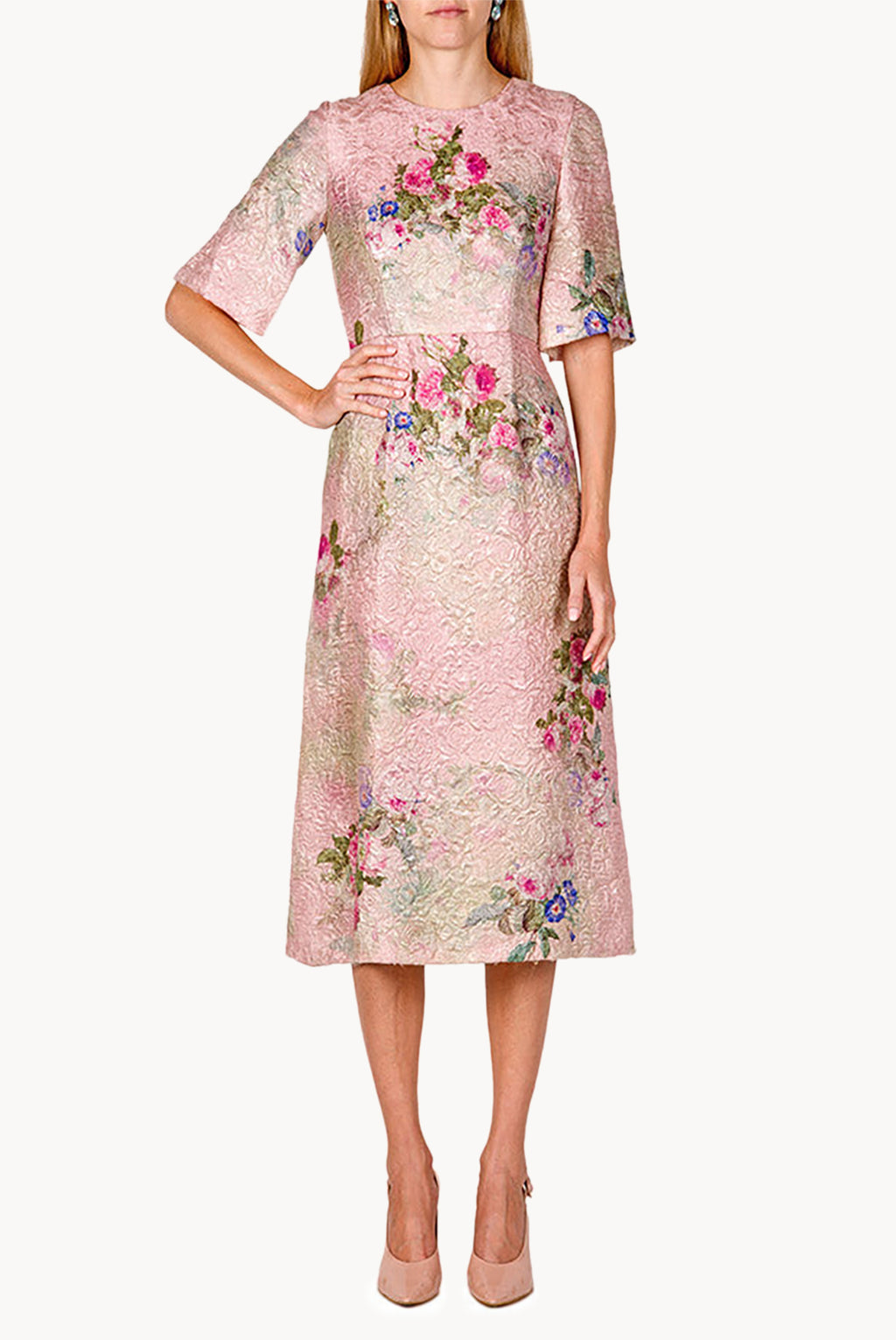 Vestito Midi in Broccato di Seta con Stampa Floreale