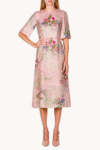 Vestito Midi in Broccato di Seta con Stampa Floreale