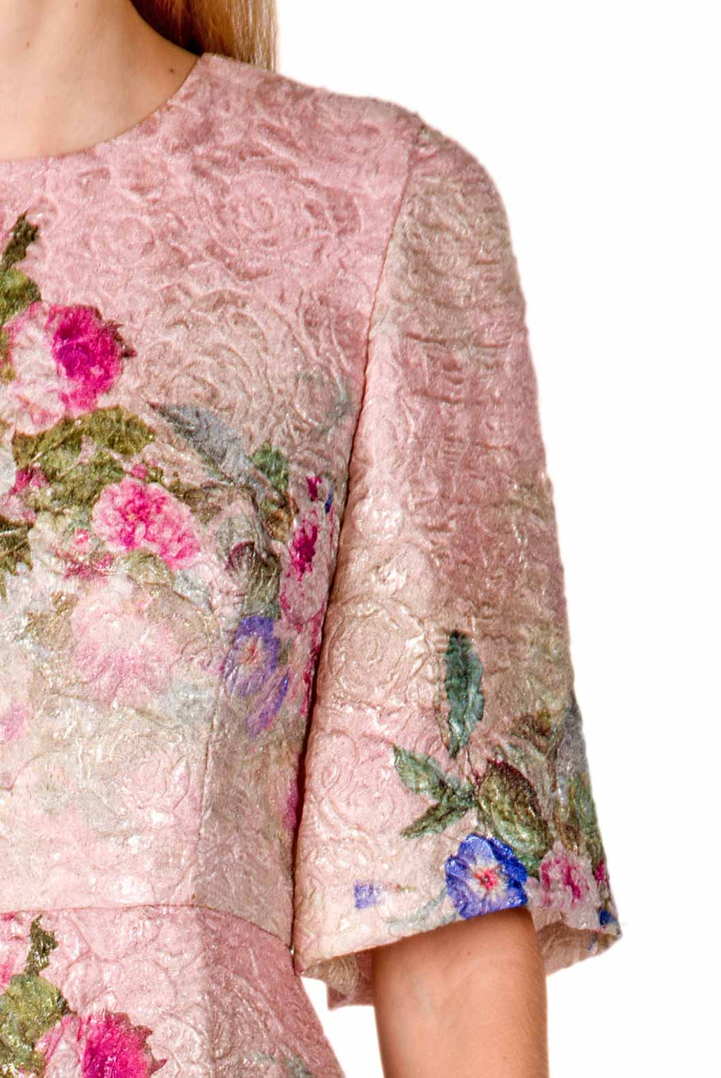 Floral Printed Silk Brocade Midi Dress