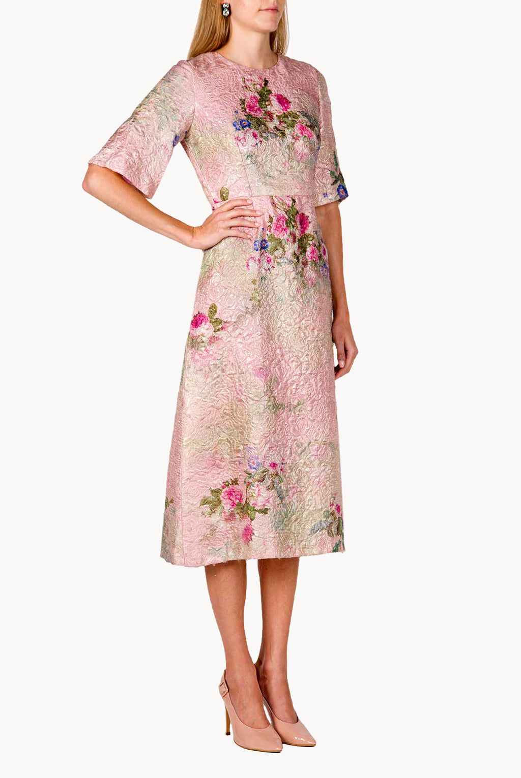 Vestito Midi in Broccato di Seta con Stampa Floreale