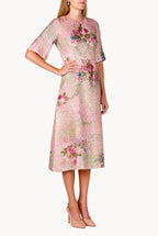 Vestito Midi in Broccato di Seta con Stampa Floreale