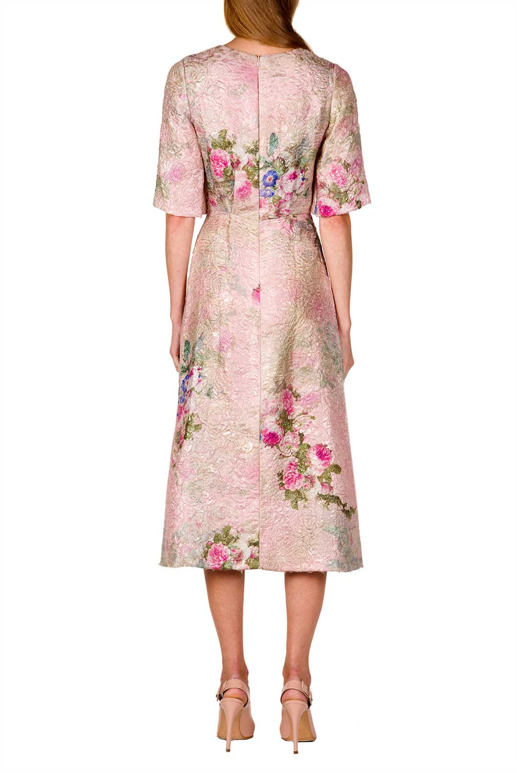 Floral Printed Silk Brocade Midi Dress