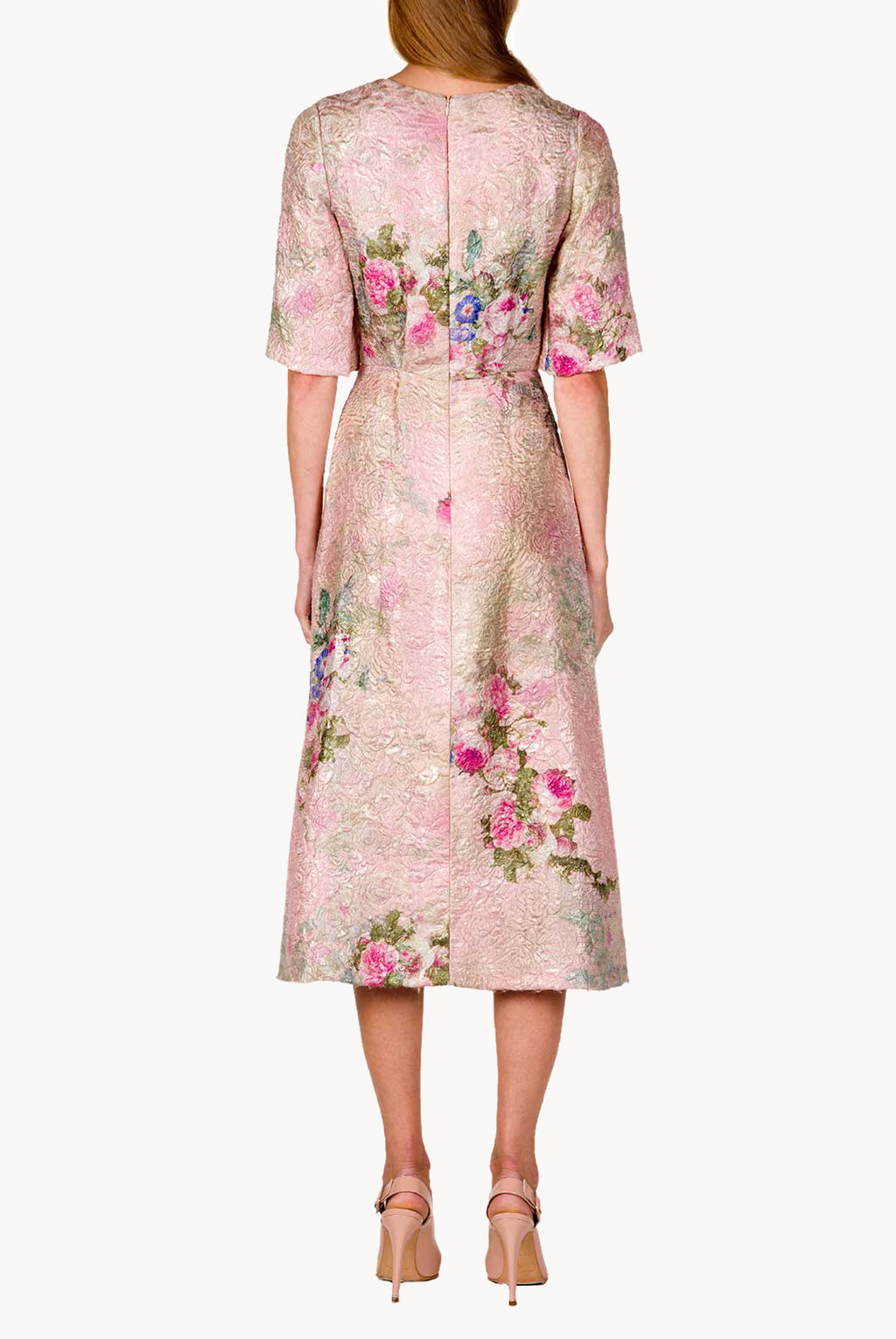 Vestito Midi in Broccato di Seta con Stampa Floreale