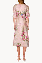 Vestito Midi in Broccato di Seta con Stampa Floreale