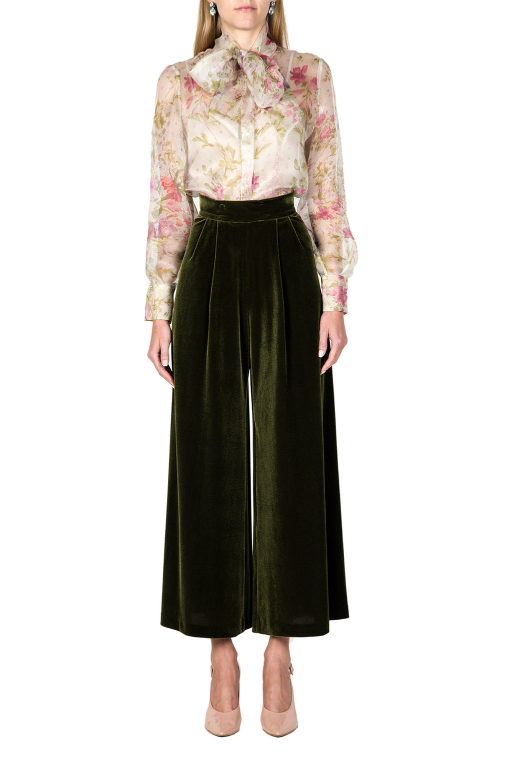 Blusa in Organza di Seta con Fiocco al Collo e Stampa Floreale