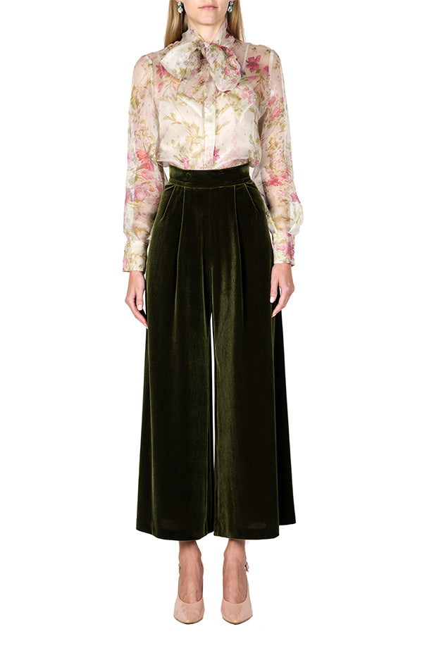 Blusa in Organza di Seta con Fiocco al Collo e Stampa Floreale