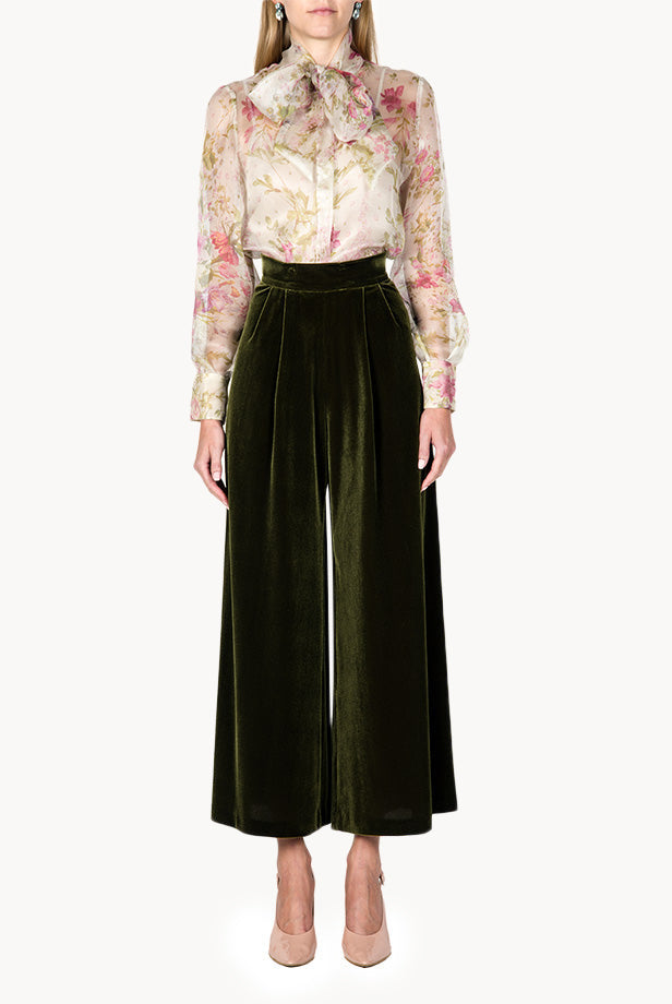 Blusa in Organza di Seta con Fiocco al Collo e Stampa Floreale