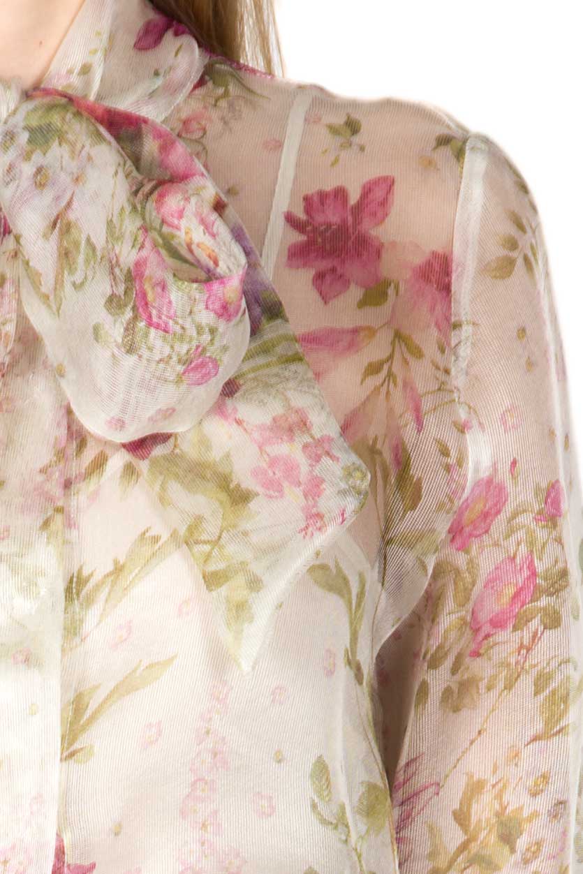 Blusa in Organza di Seta con Fiocco al Collo e Stampa Floreale