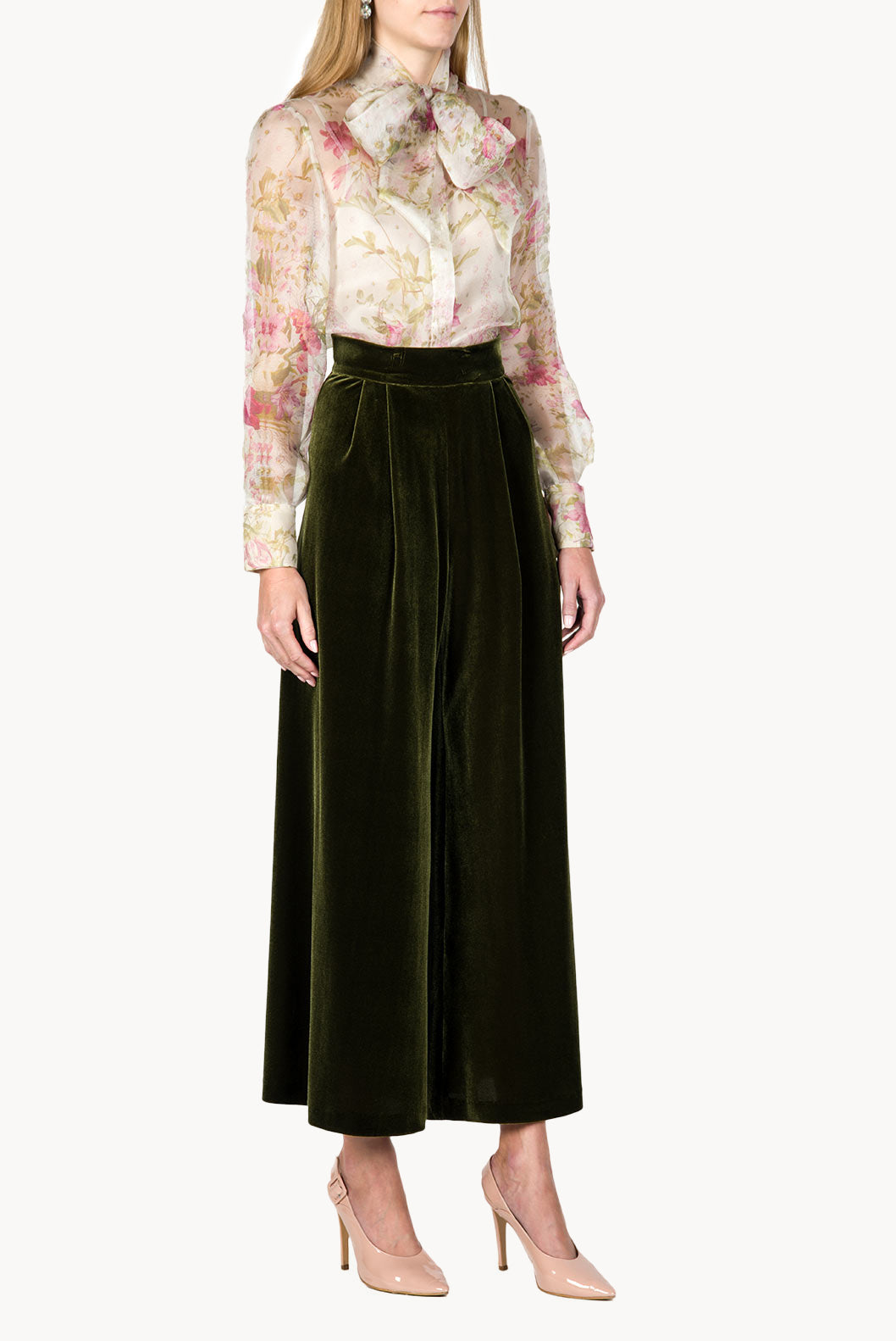 Blusa in Organza di Seta con Fiocco al Collo e Stampa Floreale