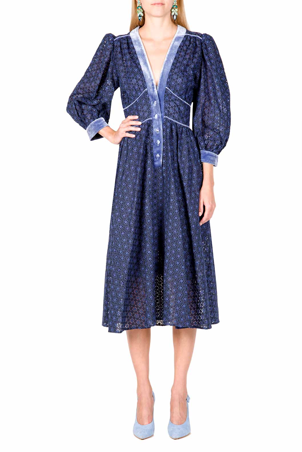 Eyelet Lace Balloon Sleeve Midi Dress