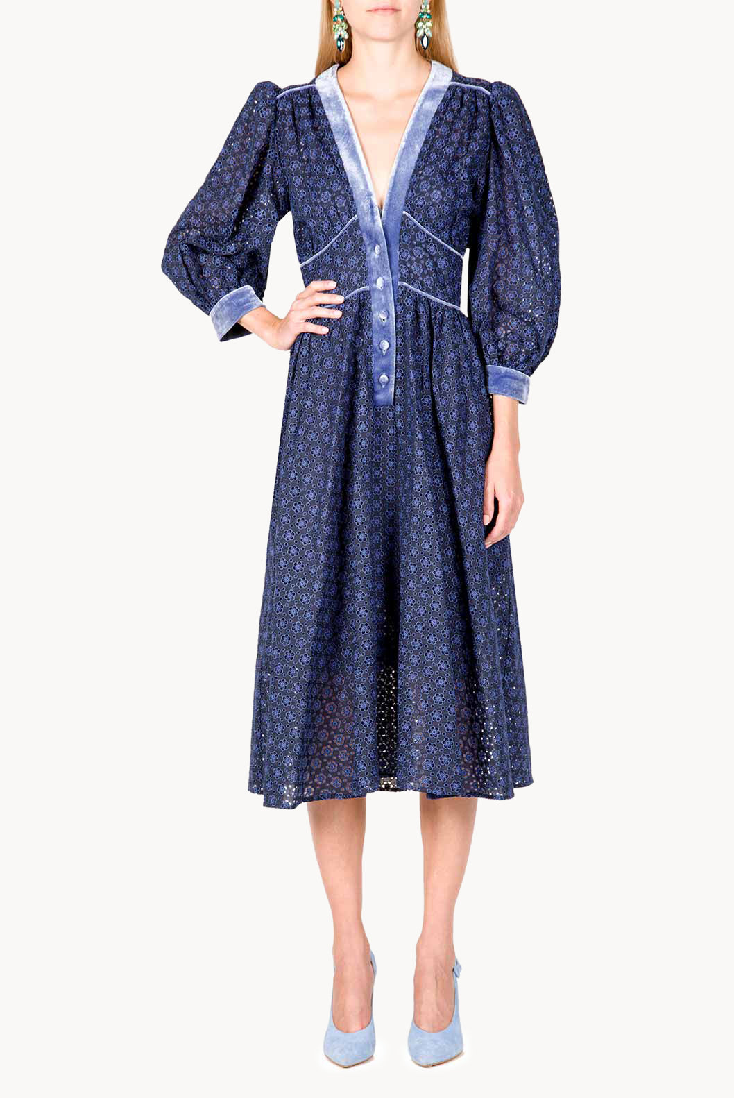 Eyelet Lace Balloon Sleeve Midi Dress
